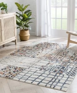 Well Woven Vintage Taranto Geometric Abstract Pattern Ivory Blue Rug