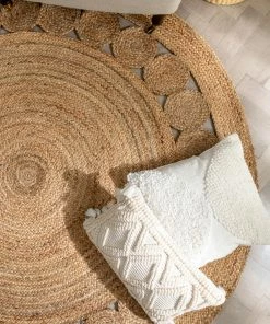 Well Woven Jute + Natural Oleana Farmhouse Jute Rug Hand-Woven Basket Weave Jute Rug Geometric Pattern Natural Color