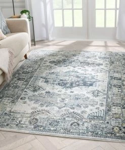 Well Woven Novalie Vintage Patchwork Botanical Border Blue Rug Global
