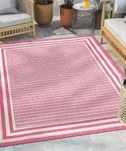 Well Woven Frankie Modern Stripes Indoor/Outdoor Fuschia Textured Rug