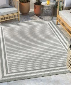 Well Woven Frankie Modern Stripes Indoor/Outdoor Green Textured Rug