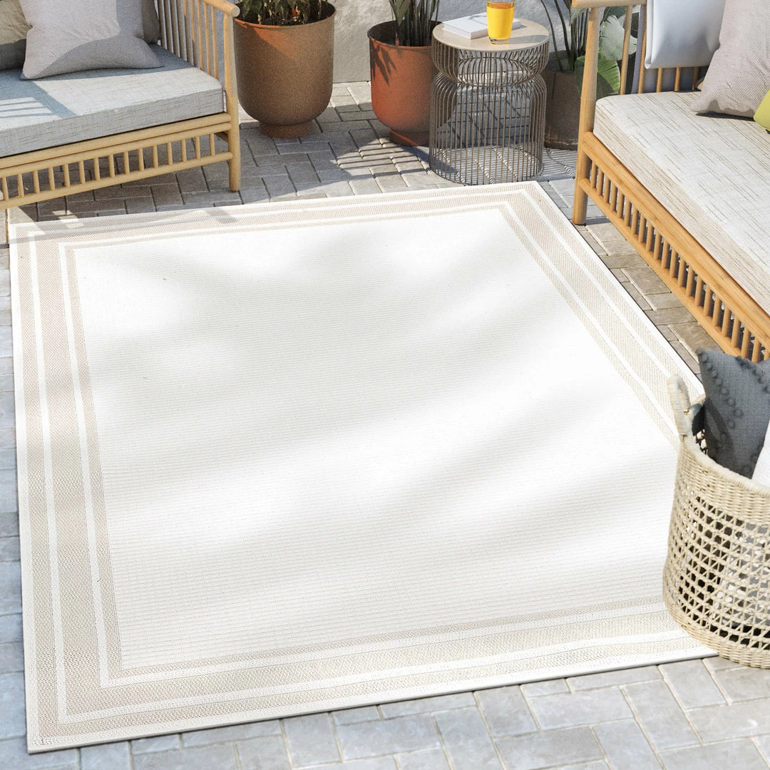 Well Woven Perry Solid Border Pattern Indoor/Outdoor Ivory Textured Rug 1 Well Woven Perry Solid Border Pattern Indoor/Outdoor Ivory Textured Rug