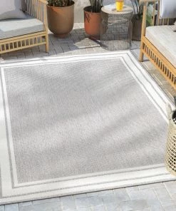 Well Woven Perry Solid Border Pattern Indoor/Outdoor Grey Textured Rug