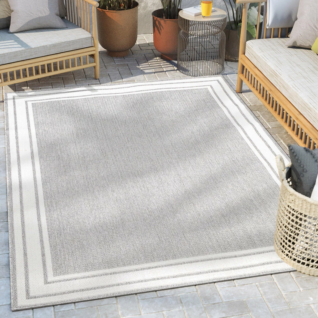 Well Woven Perry Solid Border Pattern Indoor/Outdoor Grey Textured Rug 1 Well Woven Perry Solid Border Pattern Indoor/Outdoor Grey Textured Rug
