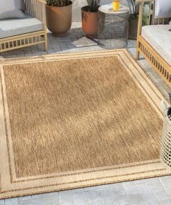 Well Woven Perry Solid Border Pattern Indoor/Outdoor Brown Textured Rug