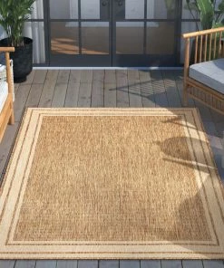 Well Woven Perry Solid Border Pattern Indoor/Outdoor Brown Textured Rug
