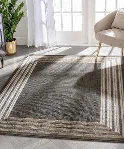 Well Woven Geometric Waylon Retro Border Solid & Striped Grey Glam Rug