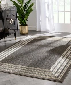 Well Woven Geometric Waylon Retro Border Solid & Striped Grey Glam Rug