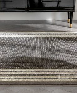 Well Woven Geometric Waylon Retro Border Solid & Striped Grey Glam Rug