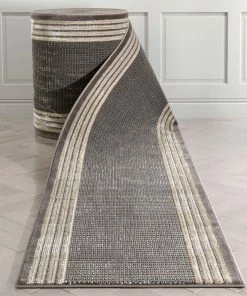Well Woven Geometric Custom Size Runner Waylon Retro Border Solid & Striped Grey 31 Inch Wide X Choose Your Length Hallway Runner Rug