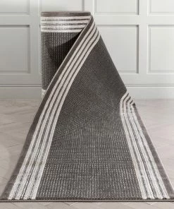 Well Woven Geometric Custom Size Runner Waylon Retro Border Solid & Striped Grey 31 Inch Wide X Choose Your Length Hallway Runner Rug