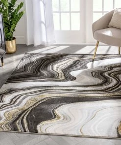 Well Woven Warren Retro Abstract Waves Grey Glam Rug Geometric