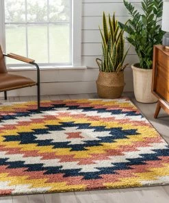 Well Woven Titan Southwestern Tribal Ivory Blue Rainbow Shag Rug Global