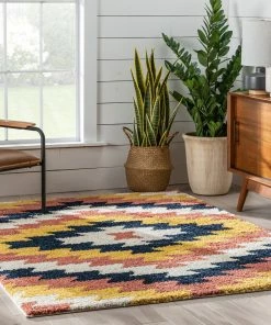 Well Woven Titan Southwestern Tribal Ivory Blue Rainbow Shag Rug Global