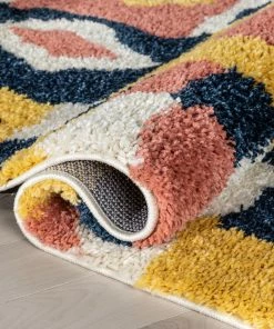 Well Woven Global Kix Moroccan Ethnic Diamond Ivory Blue Rainbow Shag Rug