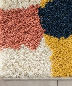 Well Woven Global Kix Moroccan Ethnic Diamond Ivory Blue Rainbow Shag Rug