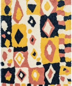 Well Woven Global Kix Moroccan Ethnic Diamond Ivory Blue Rainbow Shag Rug