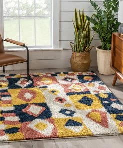 Well Woven Global Kix Moroccan Ethnic Diamond Ivory Blue Rainbow Shag Rug