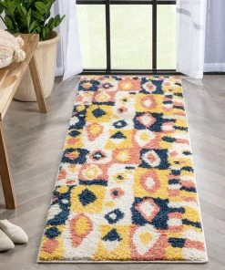 Well Woven Global Kix Moroccan Ethnic Diamond Ivory Blue Rainbow Shag Rug