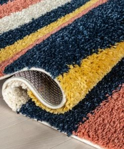 Well Woven Katniss Mid-Century Modern Geometric Ivory Blue Rainbow Shag Rug Vintage