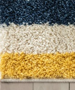 Well Woven Katniss Mid-Century Modern Geometric Ivory Blue Rainbow Shag Rug Vintage