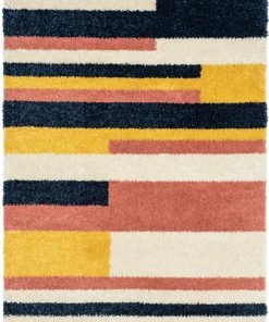 Well Woven Katniss Mid-Century Modern Geometric Ivory Blue Rainbow Shag Rug Vintage