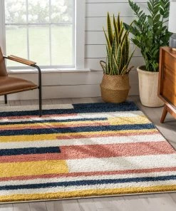 Well Woven Katniss Mid-Century Modern Geometric Ivory Blue Rainbow Shag Rug Vintage