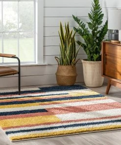 Well Woven Katniss Mid-Century Modern Geometric Ivory Blue Rainbow Shag Rug Vintage