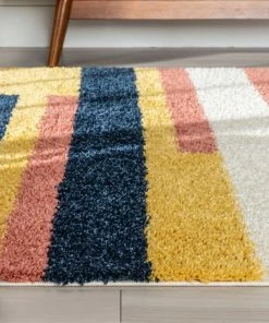 Well Woven Katniss Mid-Century Modern Geometric Ivory Blue Rainbow Shag Rug Vintage