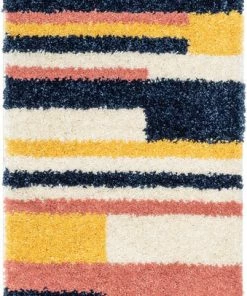 Well Woven Katniss Mid-Century Modern Geometric Ivory Blue Rainbow Shag Rug Vintage