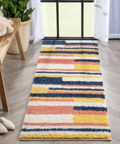 Well Woven Katniss Mid-Century Modern Geometric Ivory Blue Rainbow Shag Rug Vintage