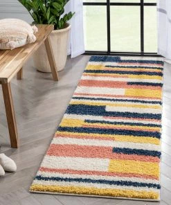 Well Woven Katniss Mid-Century Modern Geometric Ivory Blue Rainbow Shag Rug Vintage