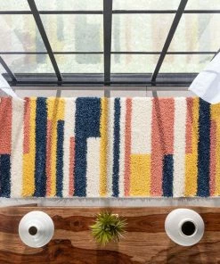 Well Woven Katniss Mid-Century Modern Geometric Ivory Blue Rainbow Shag Rug Vintage