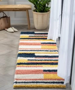Well Woven Katniss Mid-Century Modern Geometric Ivory Blue Rainbow Shag Rug Vintage