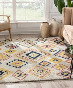 Well Woven Blaer Moroccan Ethnic Diamond Ivory Rainbow Shag Rug