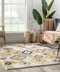 Well Woven Blaer Moroccan Ethnic Diamond Ivory Rainbow Shag Rug