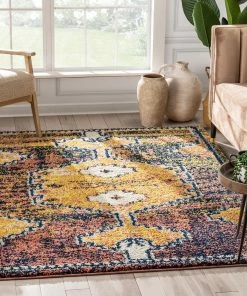 Well Woven Global Mowgli Tribal Moroccan Medallion Yellow Rust Rainbow Shag Rug