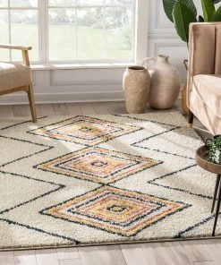 Well Woven Crew Moroccan Tribal Diamond Ivory Rainbow Shag Rug Global