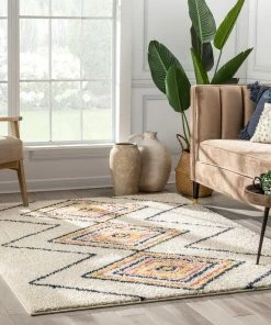 Well Woven Crew Moroccan Tribal Diamond Ivory Rainbow Shag Rug Global