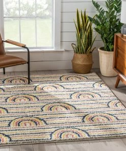 Well Woven Rainbow Retro Geometric Ivory Rainbow Shag Rug Vintage
