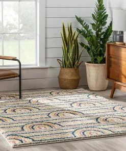 Well Woven Rainbow Retro Geometric Ivory Rainbow Shag Rug Vintage