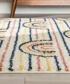 Well Woven Rainbow Retro Geometric Ivory Rainbow Shag Rug Vintage