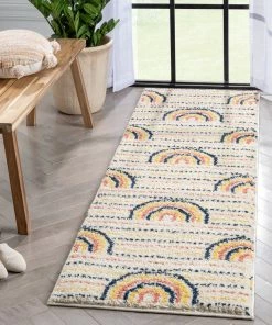 Well Woven Rainbow Retro Geometric Ivory Rainbow Shag Rug Vintage