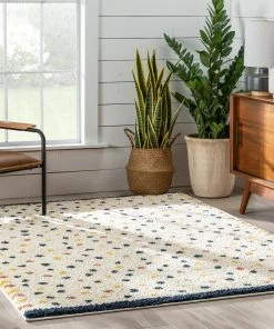 Well Woven Cricket Retro Dots Ivory Blue Rainbow Shag Rug