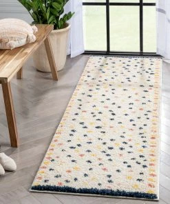 Well Woven Cricket Retro Dots Ivory Blue Rainbow Shag Rug