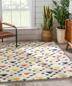 Well Woven Vintage Jax Retro Geometric Triangle Ivory Blue Rainbow Shag Rug