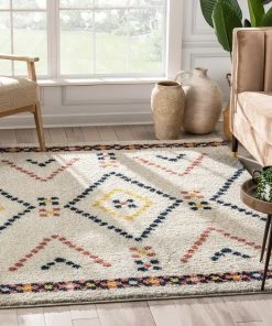 Well Woven Puma Moroccan Tribal Diamond Ivory Rainbow Shag Rug