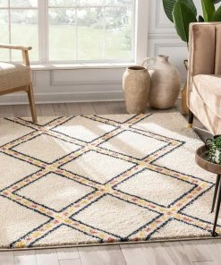 Well Woven Global Bodhi Moroccan Tribal Diamond Ivory Rainbow Shag Rug