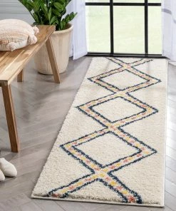 Well Woven Global Bodhi Moroccan Tribal Diamond Ivory Rainbow Shag Rug