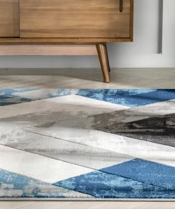 Well Woven Rosa Blue Modern Geometric 3D Textured Rug